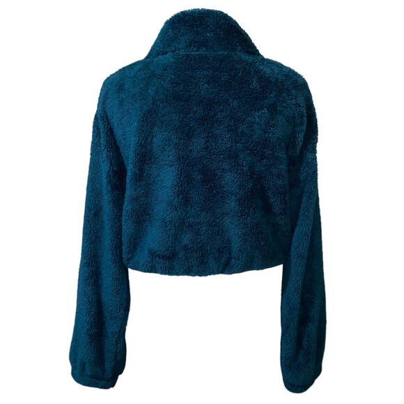 Emerald Green Boxy Crop Top Sweater Sz Medium Comfort Faux Fur Fleece 1/4 Zip - Picture 2 of 10